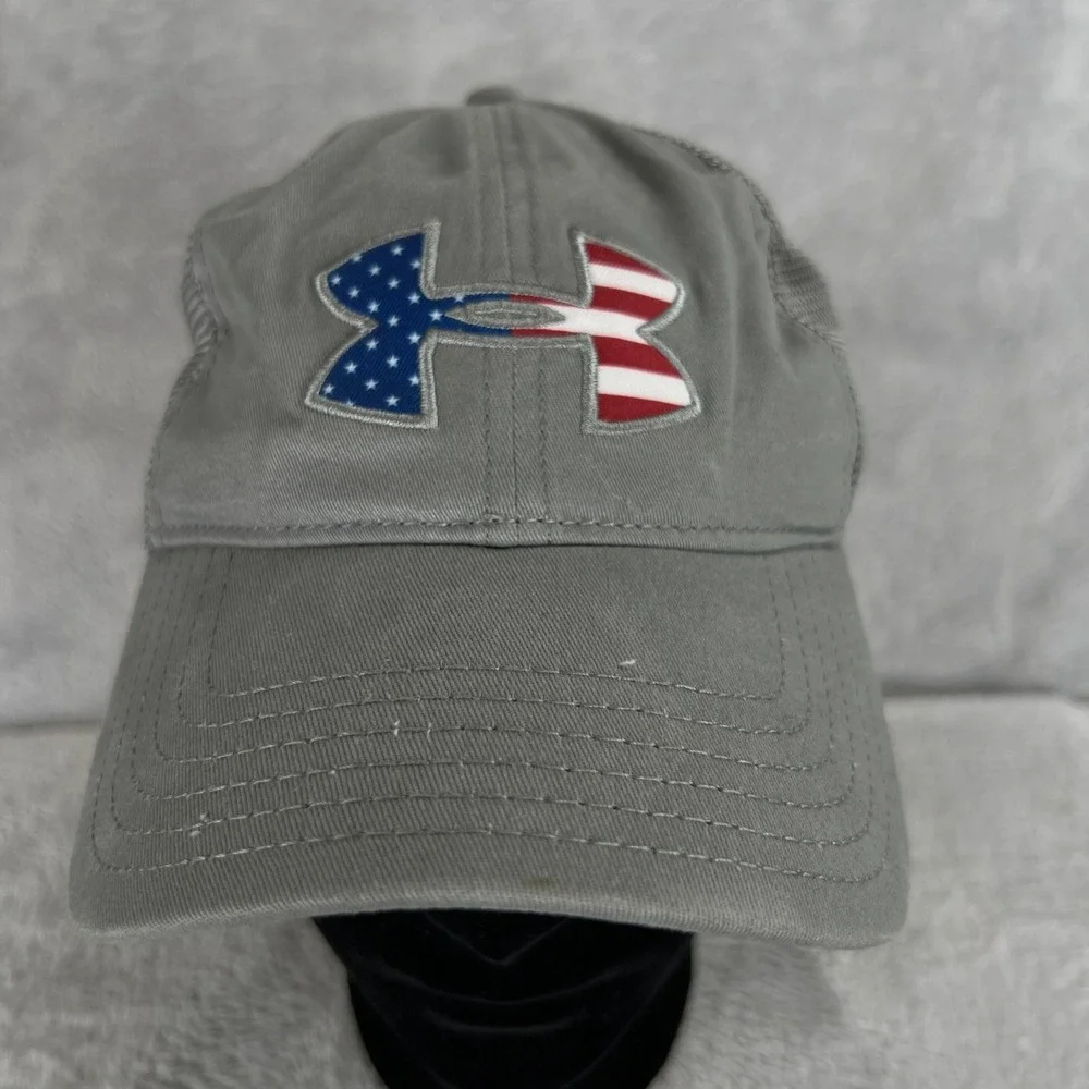 Under Armour American Flag Trucker Hat Gray Patriotic USA Mesh Snapback Cap